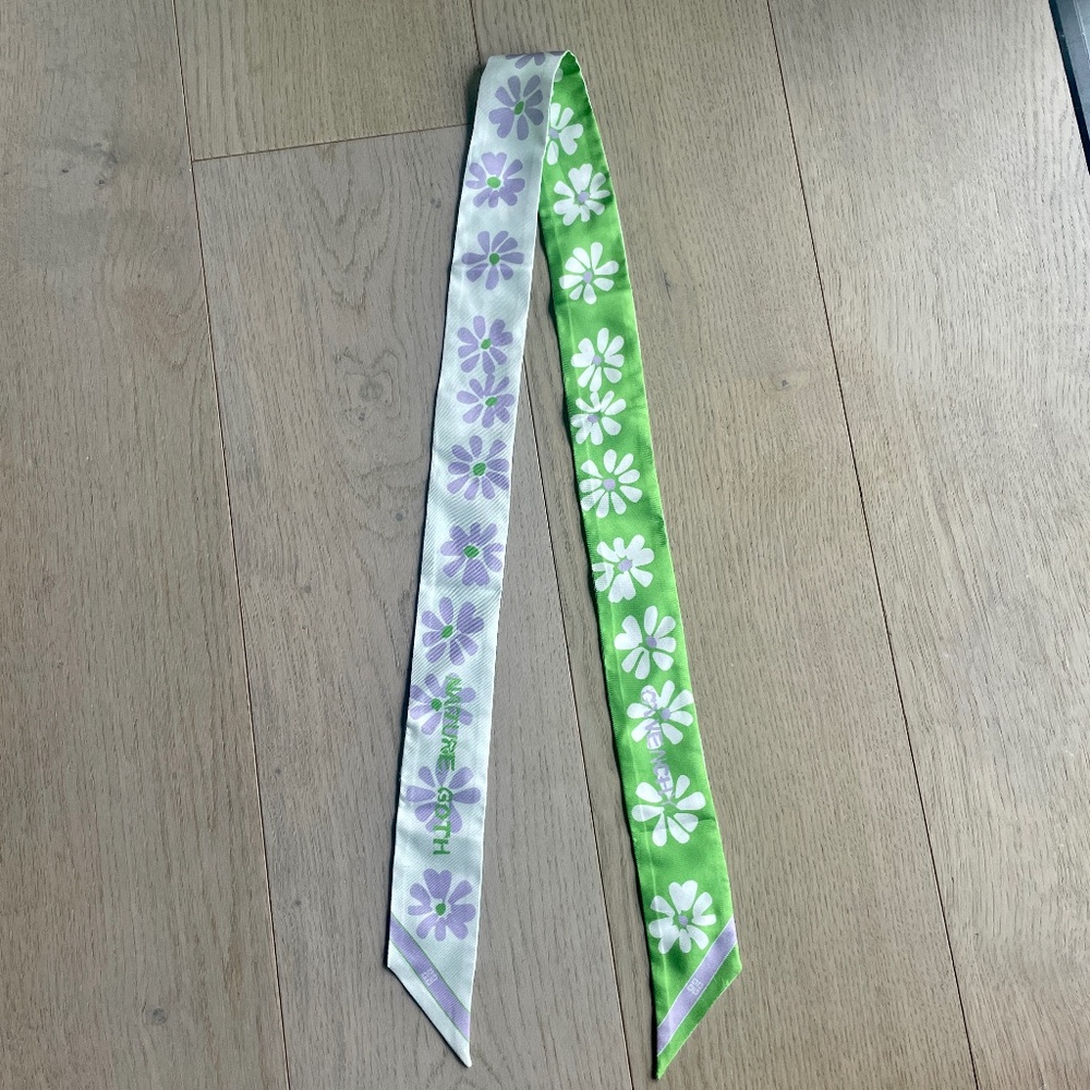 Givenchy 100% Silk Twilly Scarf, "Nature Goth" Graphic Floral Print, Green White